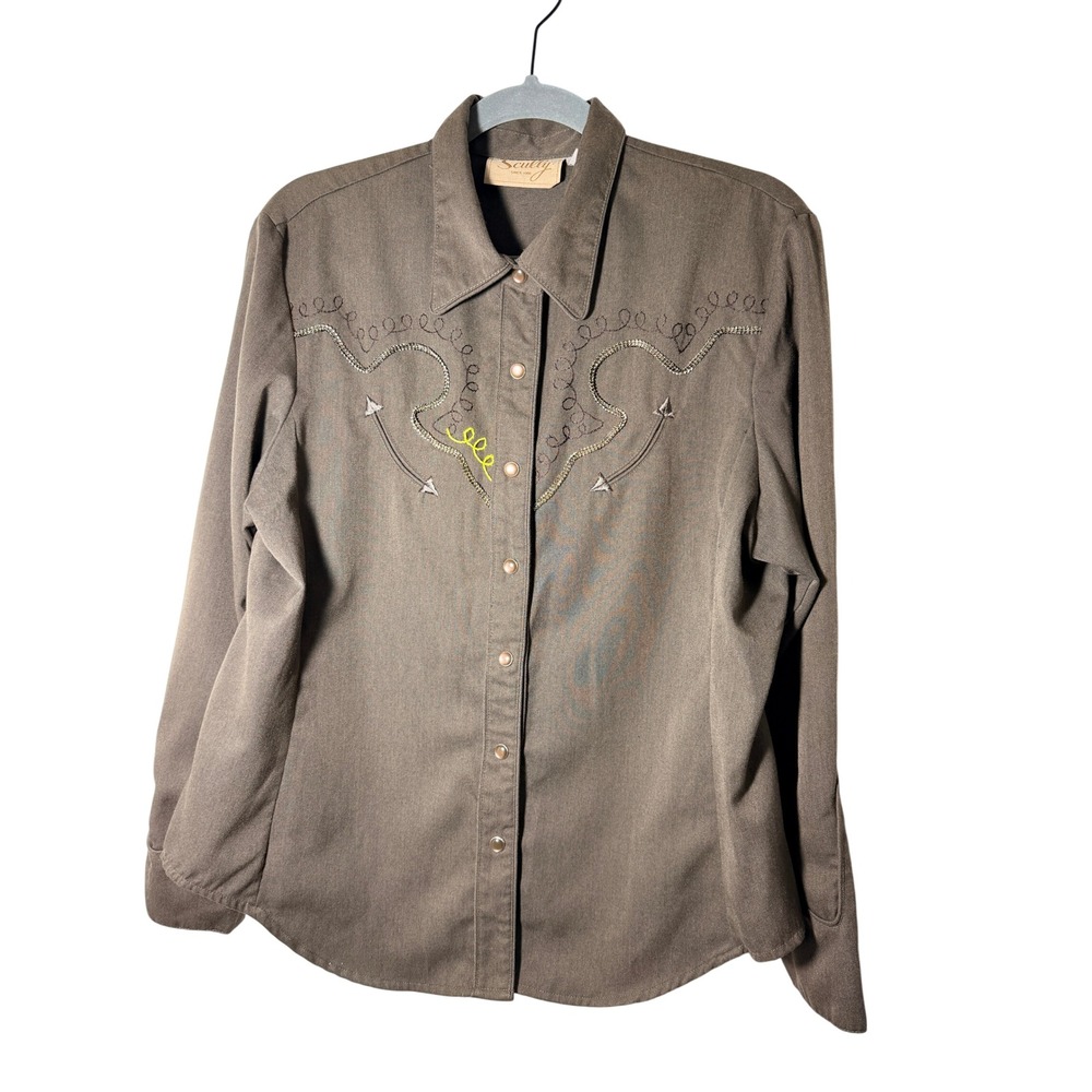 Scully Women Large Brown Embroidered Pearl Snap Western Shirt Rodeo Cowgirl